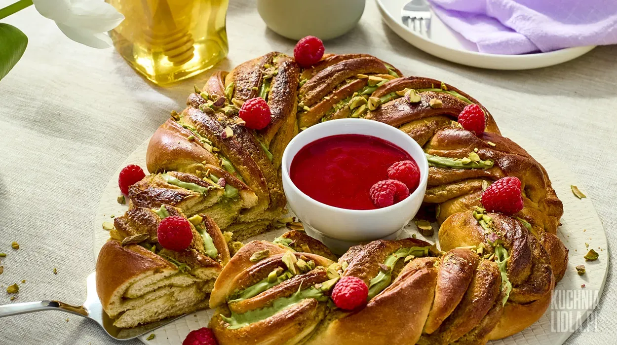 Wieniec drożdżowy z kremem pistacjowym i malinami