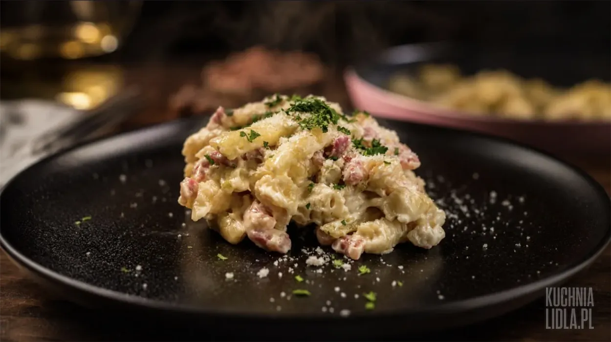 Makaron z fasolką szparagową, boczkiem i sosem mascarpone