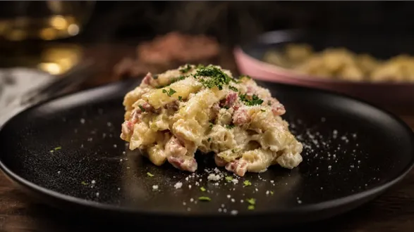 Makaron z fasolką szparagową, boczkiem i sosem mascarpone